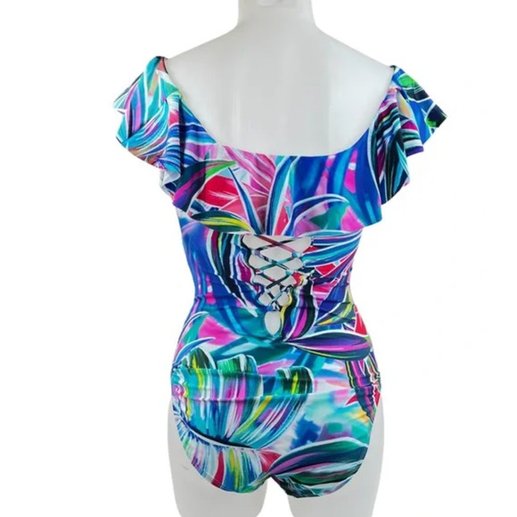 La Blanca Women's Palm Off Shoulder Ruffle One Piece Swimsuit Blue 10 NWT - Picture 7 of 7